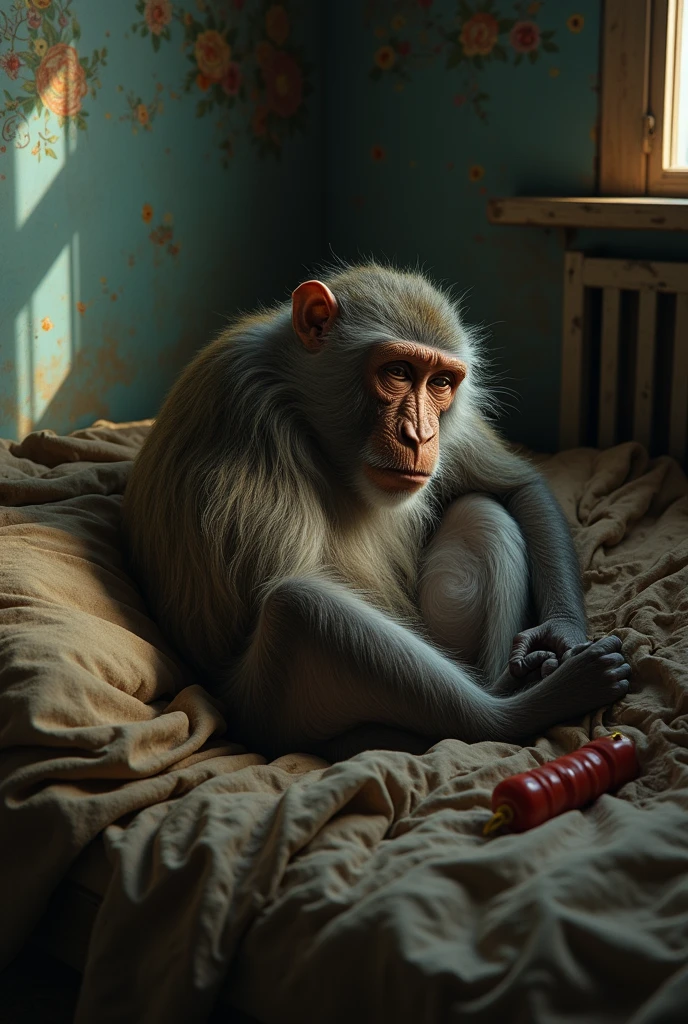 Old monkey, desperate from the severity of the pain, sleeps on a bed. Full picture, fine details.