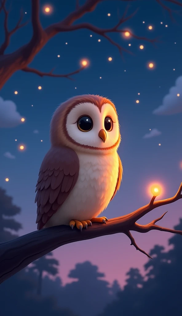 A warm and inviting Pixar-style illustration of a gentle, wise owl perched on a branch. The owl has large, expressive eyes that convey a sense of calm wisdom and kindness. The owl's feathers are rendered in soft, detailed textures, with a slightly rounded and friendly appearance typical of Pixar characters. The background features a peaceful twilight sky with deep blue and purple hues, complemented by softly glowing fireflies that create a magical atmosphere. The overall design should be simple yet emotionally evocative, reflecting the channel's focus on heartwarming animal stories inspired by meaningful quotes.