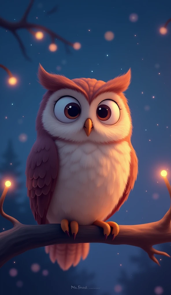 A warm and inviting Pixar-style illustration of a gentle, wise owl perched on a branch. The owl has large, expressive eyes that convey a sense of calm wisdom and kindness. The owl's feathers are rendered in soft, detailed textures, with a slightly rounded and friendly appearance typical of Pixar characters. The background features a peaceful twilight sky with deep blue and purple hues, complemented by softly glowing fireflies that create a magical atmosphere. The overall design should be simple yet emotionally evocative, reflecting the channel's focus on heartwarming animal stories inspired by meaningful quotes.