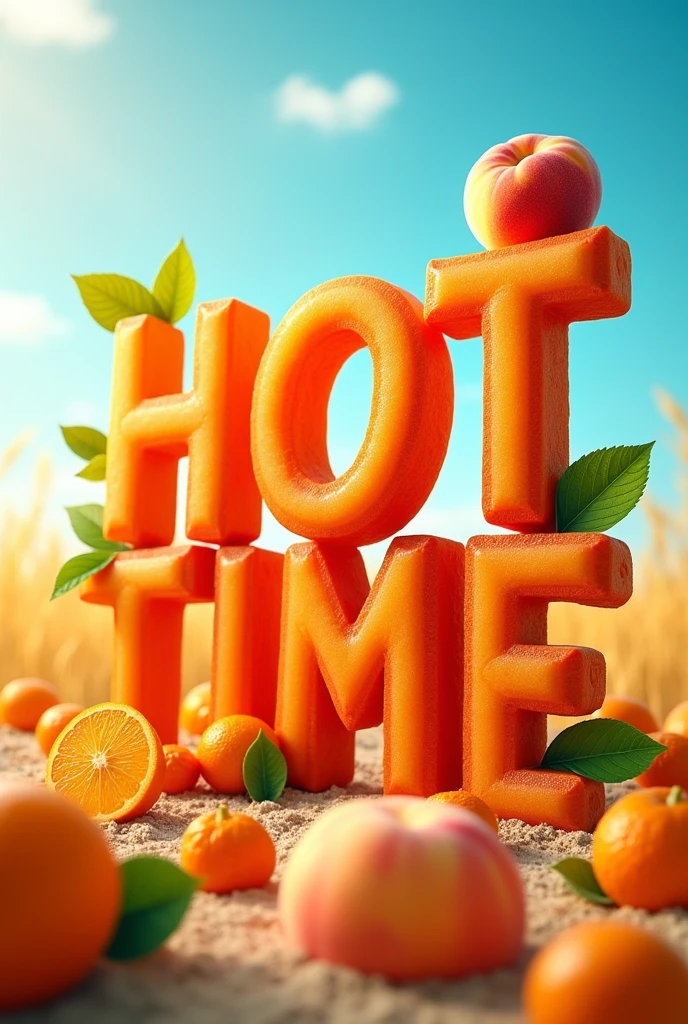 Some letters that say HOT TIME with peaches and oranges