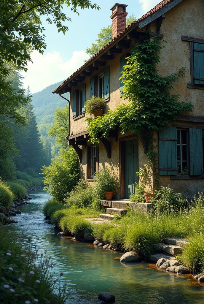 One old house in village beside of river or forest
