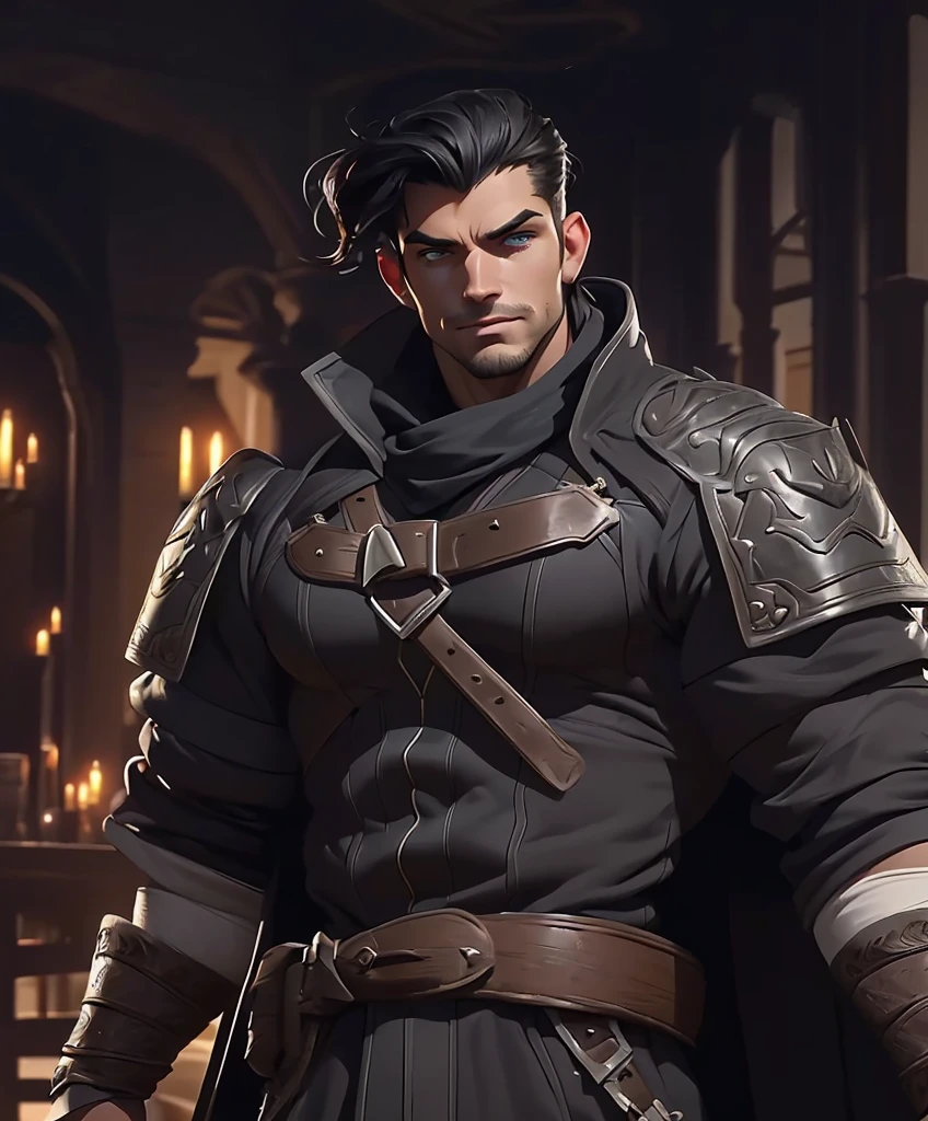 (((Solo focus.))) (((Single character image.))) Attractive male fantasy adventurer with big muscles, physically ideal physique.  Sexy pose. Muscle focus. Handsome face.  Short black hair that gives him an attractive look. Stylish medieval fantasy attire.  Dark background.  Eerie background.  His attire is intricate and detailed.  (((Sexy and handsome male adventurer.))) Smug facial expression.  Erotic stare.  Erotic pose. Luxurious black hair that makes him look sexy.  Attractive features.  Rugged features.   Attractive hairstyle.  Handsome face.  Attractive features.   Great muscles.  Great physical structure.  Dashing.  Handsome.  Smug.  Handsome features.  Swashbuckler.