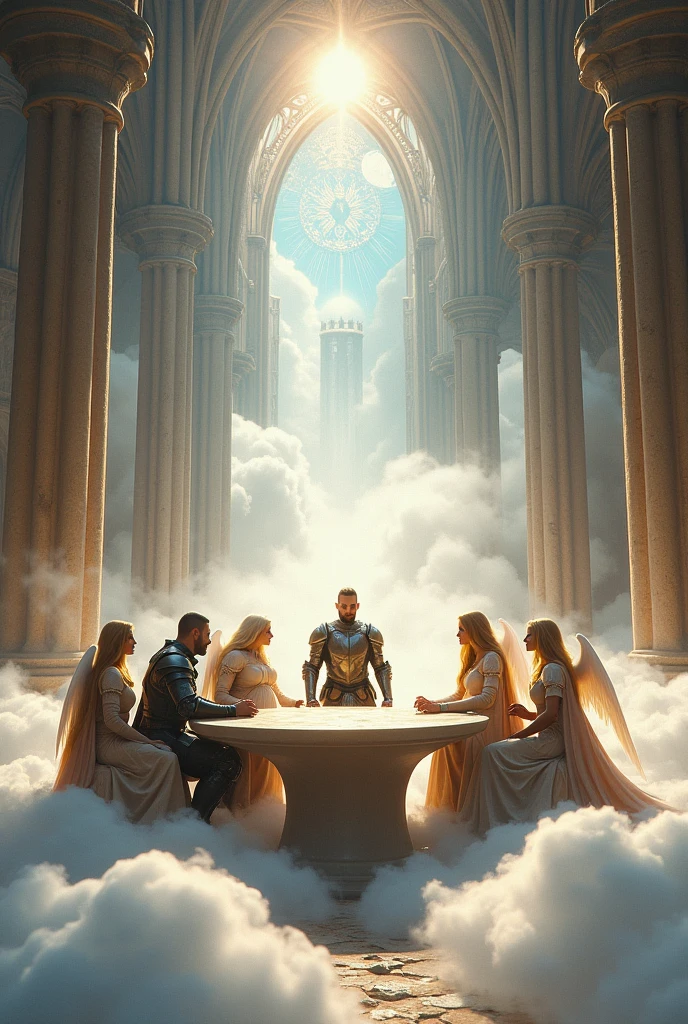 In the great cathedral hall、
The ground is covered with a sea of clouds, making it a heavenly place.。
There is a cylindrical desk in the middle.、
4 men、Three blonde girls、The angels stand、Surrounding the desk。
The warriors are having a meeting。