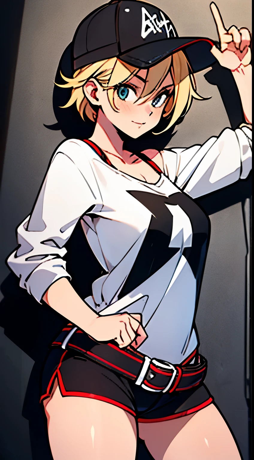 (master part, melhor qualidade, high resolution, papel de parede, extremamente detalhado:1), (illustration:1.0), 1girl, Alicems , kalap, baseball cap, fora do ombro, clivagem, belt, sbikini, shorts , camisa,