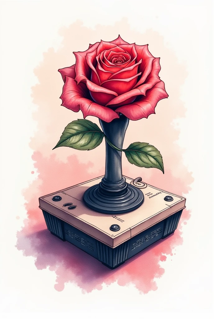 A joystick and rose drawing in watercolor for tattoo