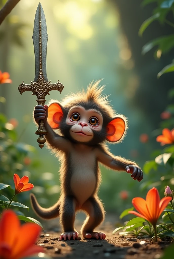 Monkey Lifting a Sword: The monkey, with a determined expression, is shown lifting a large, ornate sword from the ground. The scene should convey the monkey’s innocence and lack of understanding of the consequences.