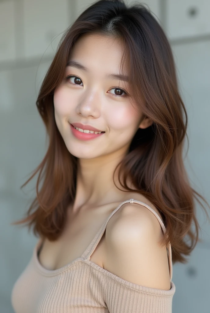 Cool Beauty、Beautiful Japanese、糸のようHair、Semi-long, reaching up to the collarbone and chest、Beige Brown Hair Color、Tapered ends、Less hair volume、The body is oblique、The gaze is on the camera、smile、Beige cut and sew、Has a sharp gaze、Clear and straight nose、Background is simple concrete、Lightweight hairstyle、gloss々Hair、Straight Hair