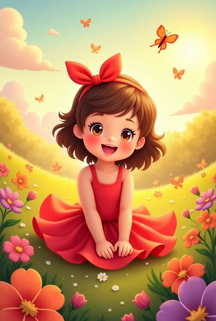Baby woman smiling, with brown hair and small, with red dress and red headband, animated cartoon
