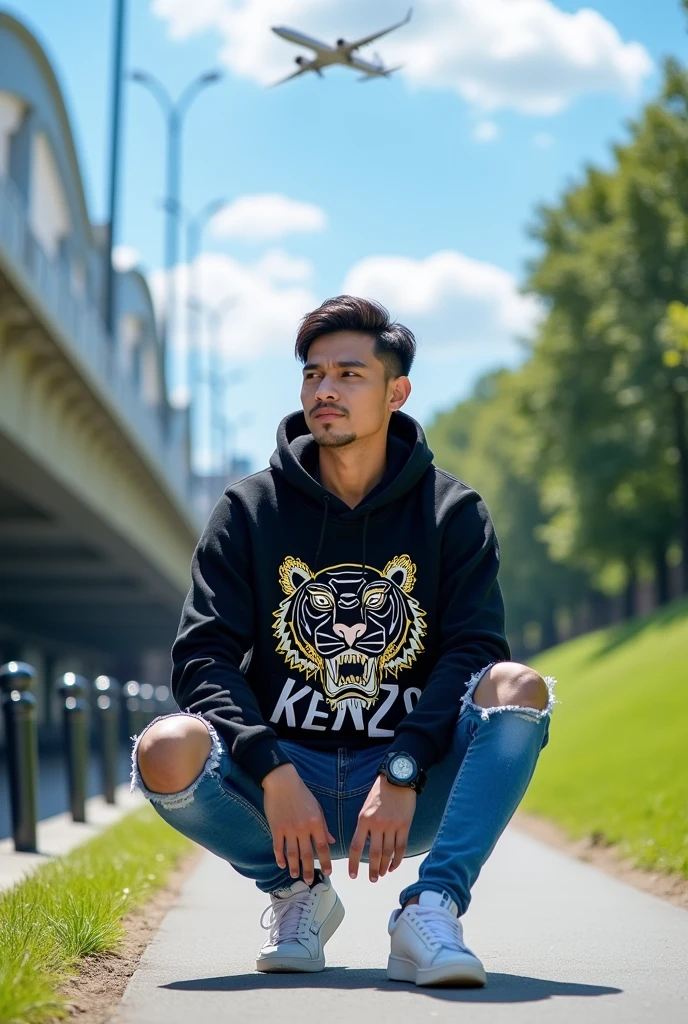 Please make me a photo of an Asian man siting in the middle of a paved walkway with his hands in his pockets. The individual was wearing a black hoodie with a tiger design and the word "KENZO" on it, as well as blue ripped jeans and white sneakers, wearing an iPhone smartwatch on his left hand. Behind the individual, there is a bridge on the left and a bright blue sky with clouds scattered over it. The plane is seen in the sky on the right. This arrangement appears to be in a city park or pedestrian path due to the presence of metal bollard poles on the side of the road, well-maintained lawn areas, and modern infrastructure.