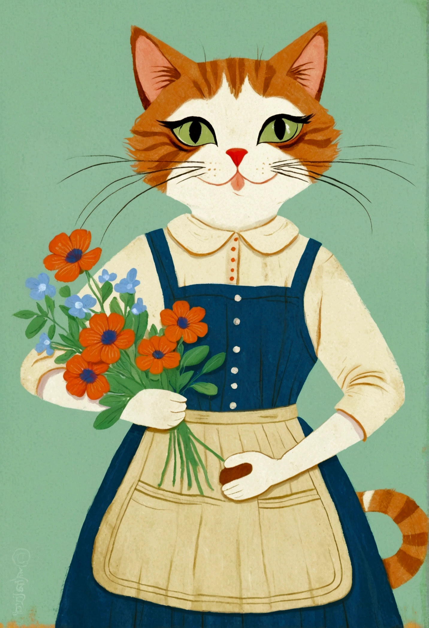 Childish Art, Folklore illustrations, Retro European Folk Art, Anthropomorphic cat,portrait, Traditional folk art style, Anthropomorphic cat, Blue Skirt-Apron,Holding flowers