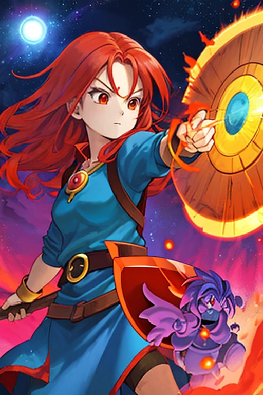 Dragon Quest warrior, woman, red hair, fighting, orange aura, axe, shield, bullish face, night sky, shining