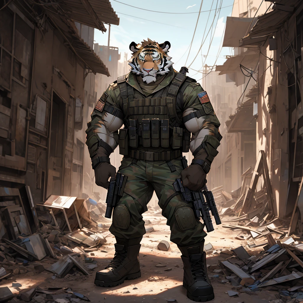 a muscular soldier with military equipment, assault rifle, tactical gear, standing in a ruined city alley, modern warfare, Warzone, gritty realism, cinematic lighting, high detail, photorealistic, 4K, dramatic pose, intense expression, military uniform, tactical vest, combat boots, dirt and debris, rubble, abandoned buildings, dark atmosphere, moody colors, strong shadows, HDR, physically-based rendering, Unreal Engine Muscular Tiger