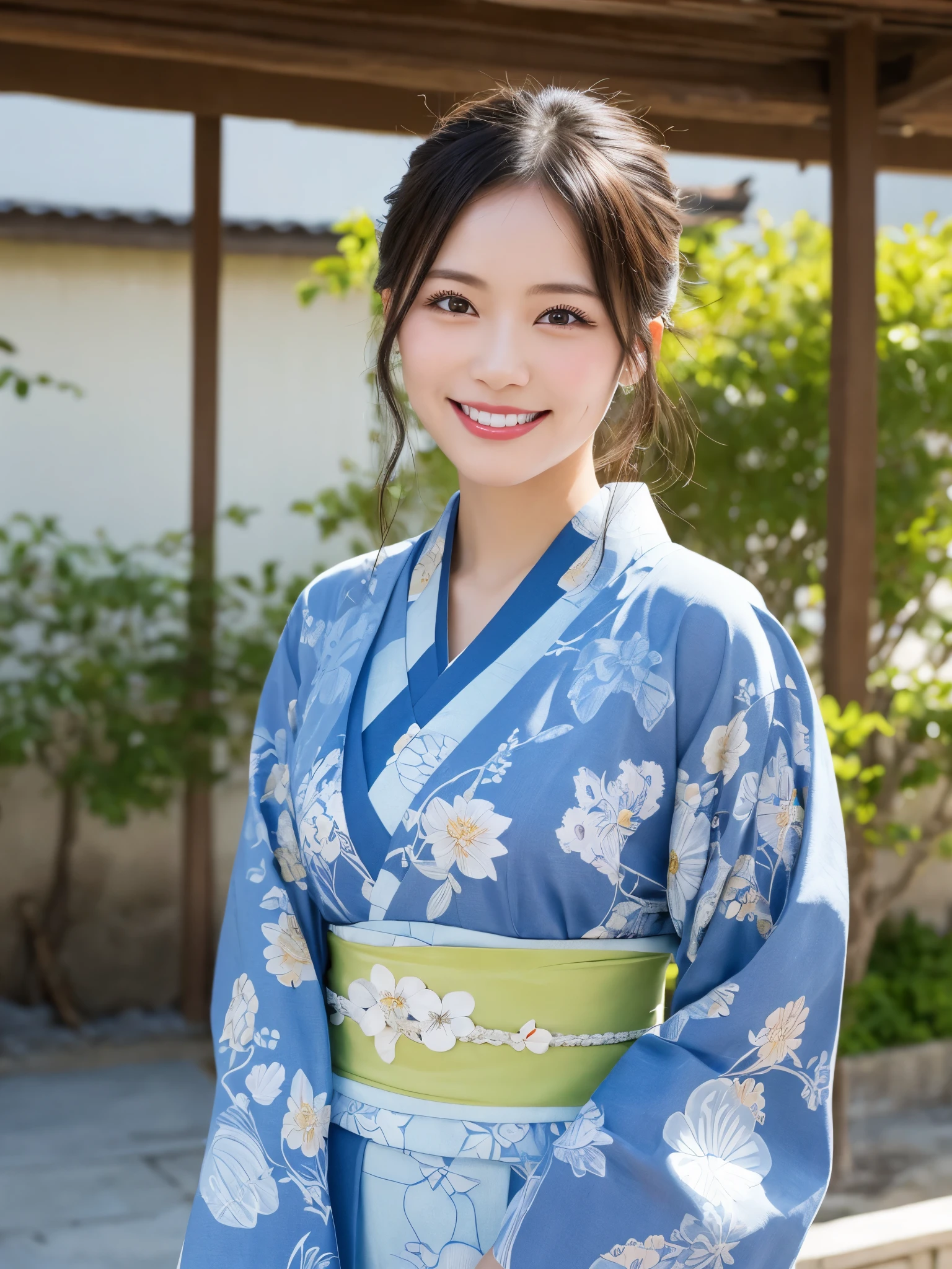 1girl, solo, highres, best_quality, masterpiece, detailed_background, intricate_details, beautiful, okinawa, shurijo_castle, historical, traditional_clothes, kimono, summer_clothes, smile, looking_at_viewer, dynamic_pose, natural_pose, candid, happy