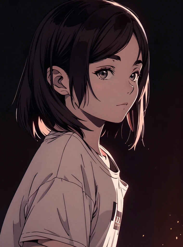 anime girl with black hair and a white t-shirt standing in front of a dark background, artwork in the style of guweiz, profile of anime girl, portrait anime girl, beautiful anime portrait, looking to the viewer, short black hair, bangs, closed mouth, t-shirt,