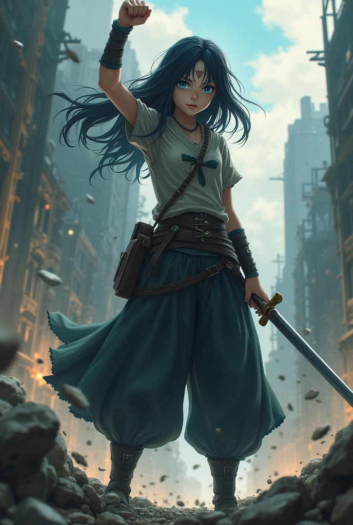beautiful girl, blue colored eyes, fair skin and long black hair, with a Sharingan in his right eye, mark of the dragon&#39;s sin on the forehead, warrior clothes, sword in left hand, raised right fist pointing to the sky, with a scenario of destruction