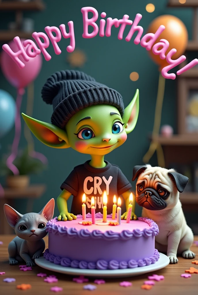 small green male alien with cute face, no ears, blue eyes , dressed in a black beanie and a black t-shirt with the name CRY on it and carrying a large purple cake with 25th birthday candles, Realistic and intricate details, accompanied by a gray sphynx cat and a pug dog, with the phrase at the top happy birthday Cri Cri
