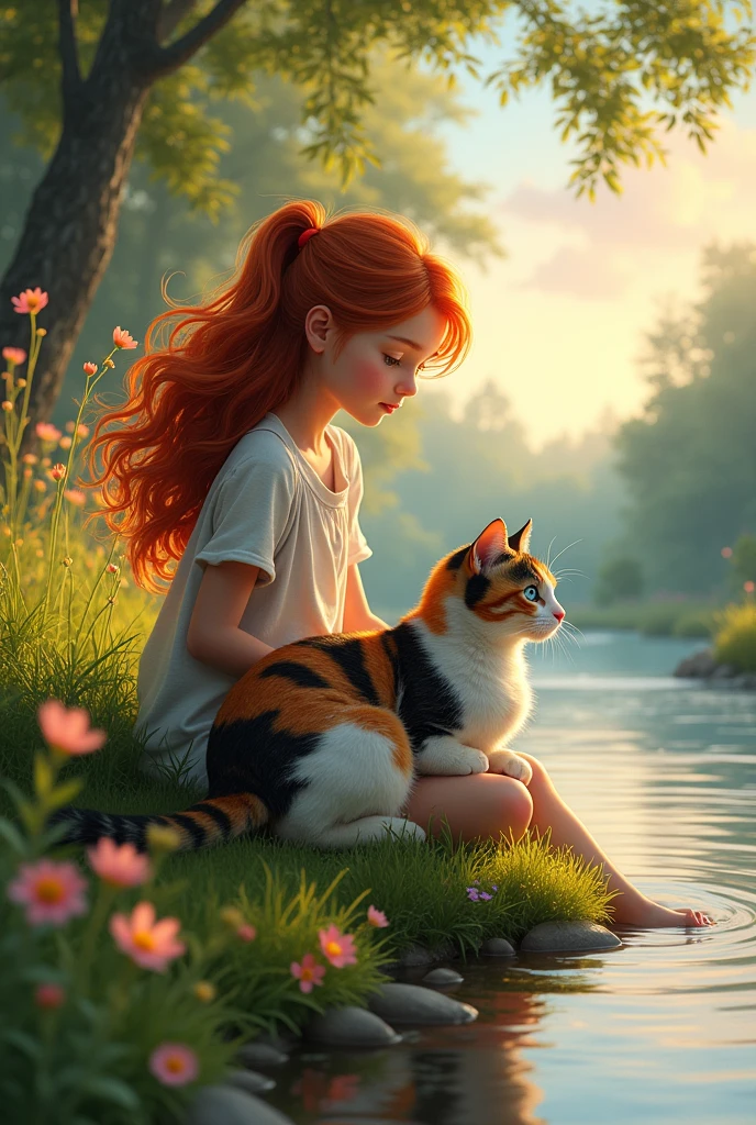 A girl on the bank of a river, next to a cat