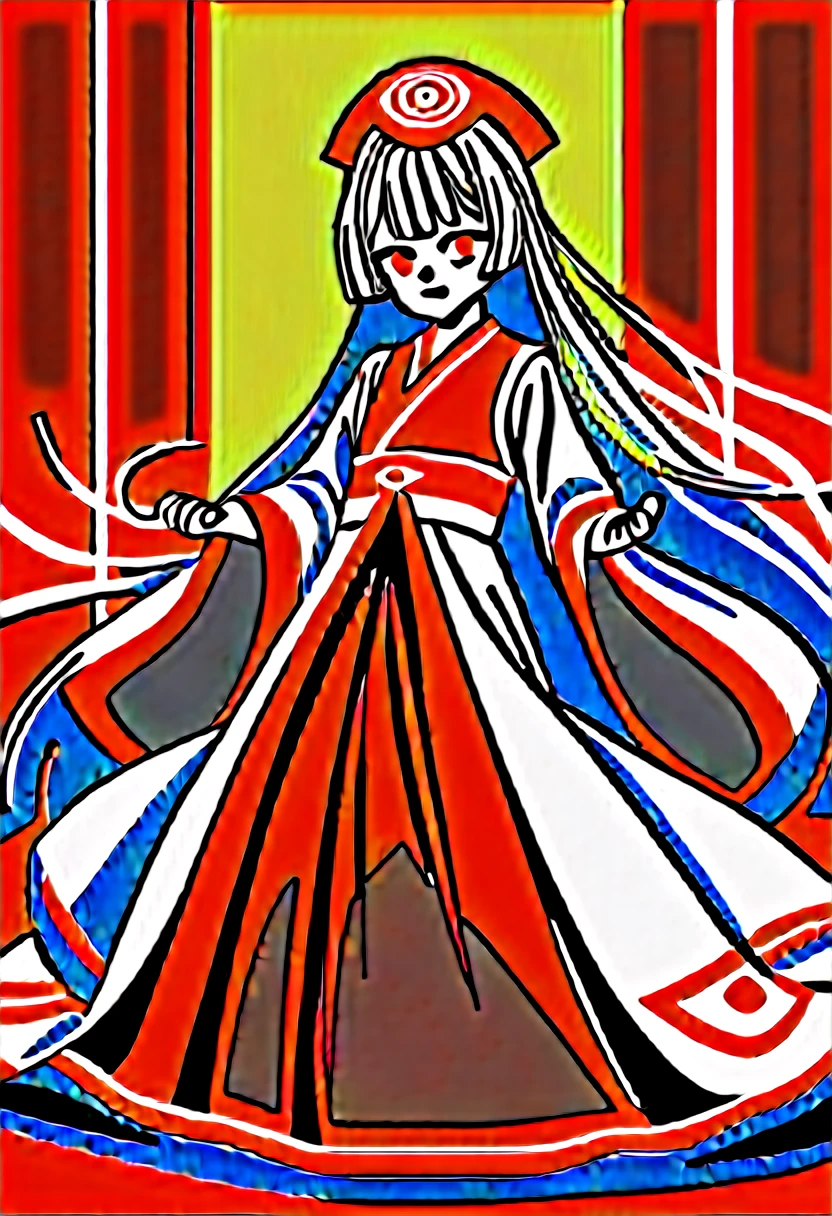 High definition、anime、pastel、A neat woman dressed in a shrine maiden outfit、Flowers sprout from beneath your feet、A long, flowing miko outfit、１８age、Half red long silver hair、Full body portrait、Wearing clogs、Large eyes like opals、Dance dedicated to the gods