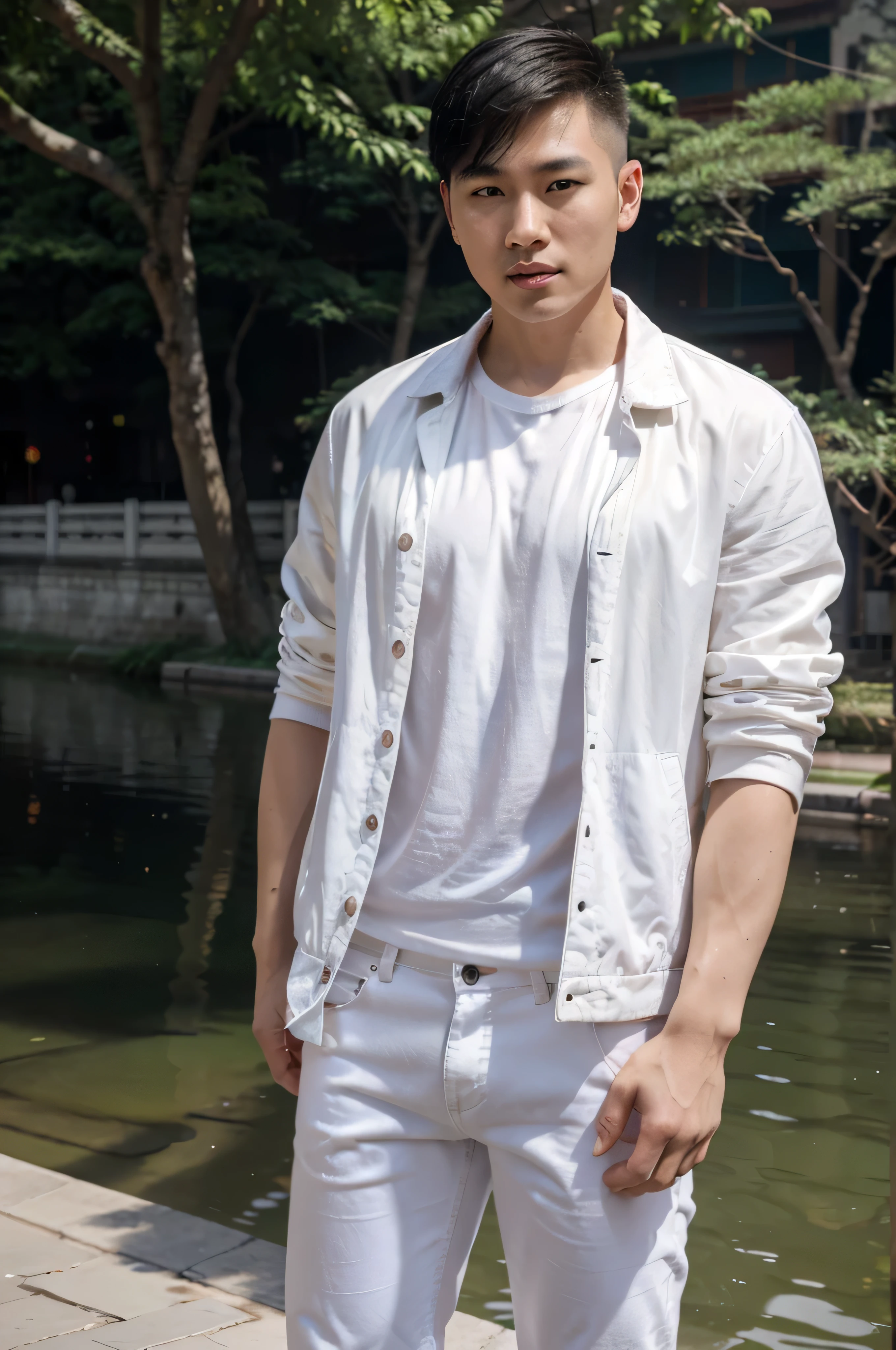 Chinese man, 29 years old, handsome masculine face , big eyes, high nose, smooth white skin, pink lips, flawless skin  well-proportioned body, fitness body, wearing white t-shirt, black jeans and jacket, black undercut hair, standing next to the river in Beijing China, hands in pockets, natural light 