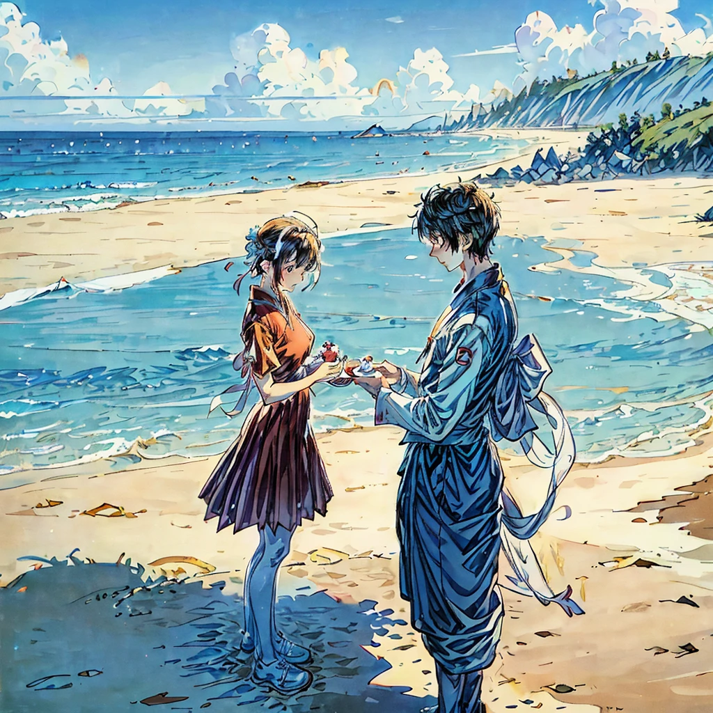 Japanese manga style, there are two students in uniform sit on a sunny beach, a male and a female, the male(one of them) is holding a birthday cake with birthday candles. the female(the another) is clasping her hands together and blowing out the birthday candles. there are some footprints on the beach.