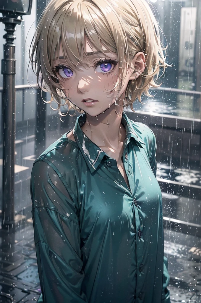 ((Nighttime, very dark image, very little light)), ((gorgeous purple eyes)), Very short hair, ((Highly detailed, extreme detail, amazing art)), raining, heavy rain, dark, midnight, 1girl, soaking wet drenched, wearing nothing but a pyjama shirt, shirt caramel-blonde hair, depressed, soaking wet hair, hair sticking to her face, heavy rain, thunderstorm, teal pyjama top, naked, petit chest, very short hair, buttoned up pyjama top, bare legs, no underwear, very dark night time, black sky, the only source of light is a single amber street light, no light, dark background, miserable, sad, crying, buttoned pyjama shirt, slightly transparent pyjama shirt,
