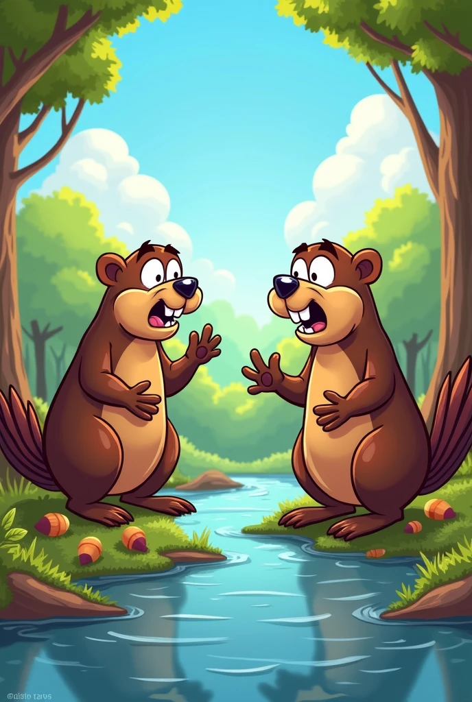 Draw a beaver talking angrily to another beaver in cartoon style as a drawing  
