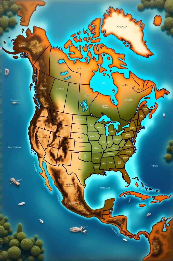 Map of America with its rivers, seas and lakes