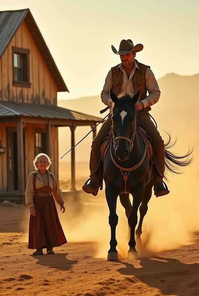 Create a cowboy man who rides his black horse across the desert until he reaches a house where an old woman lives.