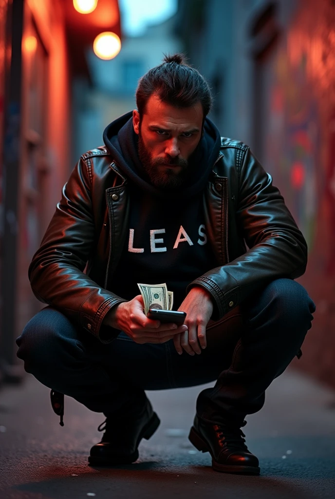 A man with a jacket standing crouched holding money in dollars in his left hand and in the other hand holding the cell phone and in the middle of his jacket that says least
