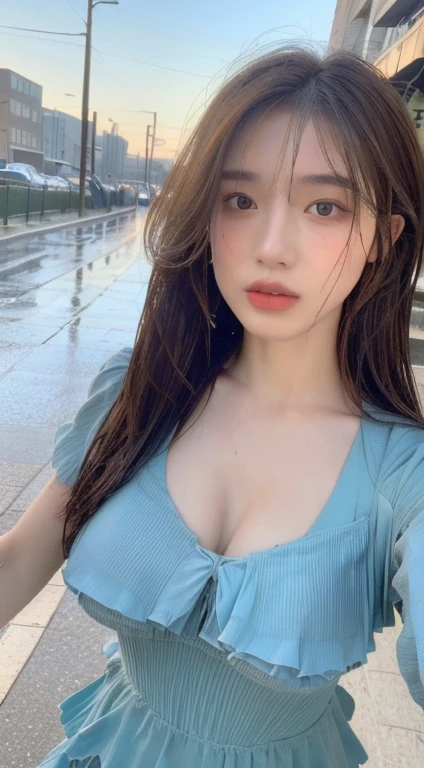 ((best quality, 8K, masterpiece:1.3)), Key Points: 1.2, Perfect body beauty: 1.4, Hips: 1.2, ((Layered Hairstyle, breast: 1.2)), (Wet clothes: 1.1) , (rain, street:1.3), Bandeau dress: 1.1, Highly detailed face and skin textures, Exquisite eyes, Double eyelids, Skin Whitening, Long hair