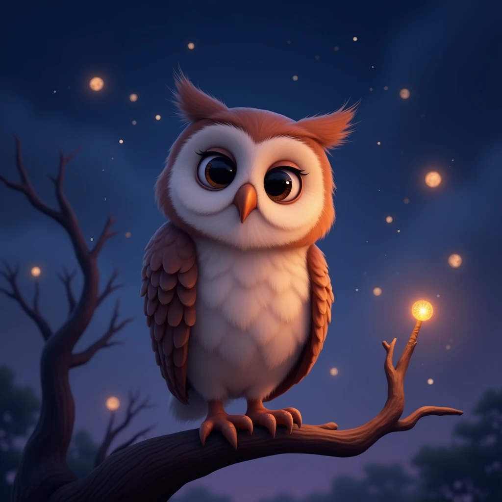 A warm and inviting Pixar-style illustration of a gentle, wise owl perched on a branch. The owl has large, expressive eyes that convey a sense of calm wisdom and kindness. The owl's feathers are rendered in soft, detailed textures, with a slightly rounded and friendly appearance typical of Pixar characters. The background features a peaceful twilight sky with deep blue and purple hues, complemented by softly glowing fireflies that create a magical atmosphere. The overall design should be simple yet emotionally evocative, reflecting the channel's focus on heartwarming animal stories inspired by meaningful quotes.