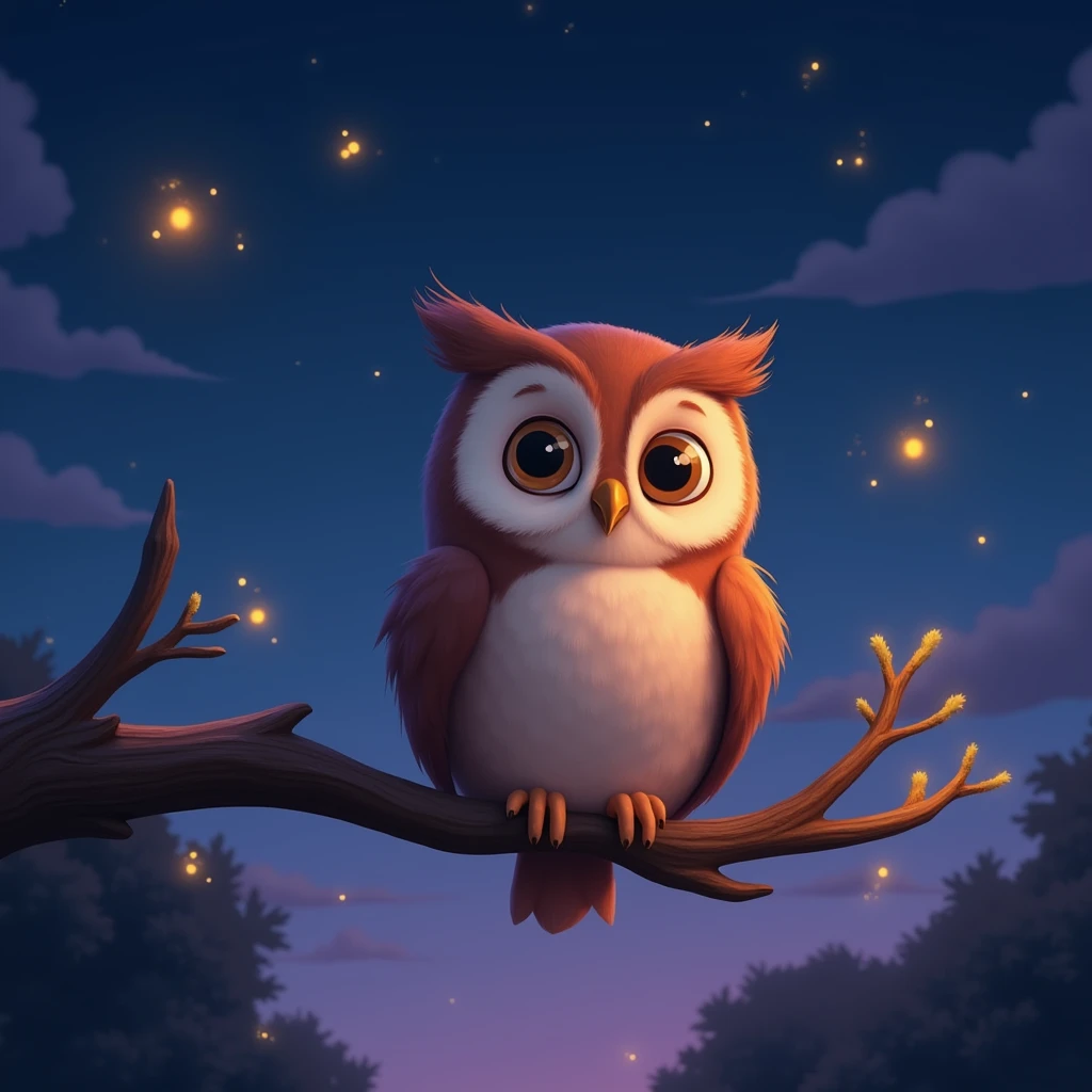 A warm and inviting Pixar-style illustration of a gentle, wise owl perched on a branch. The owl has large, expressive eyes that convey a sense of calm wisdom and kindness. The owl's feathers are rendered in soft, detailed textures, with a slightly rounded and friendly appearance typical of Pixar characters. The background features a peaceful twilight sky with deep blue and purple hues, complemented by softly glowing fireflies that create a magical atmosphere. The overall design should be simple yet emotionally evocative, reflecting the channel's focus on heartwarming animal stories inspired by meaningful quotes.