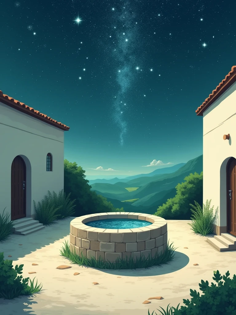 Off-white background,night,(Starry Sky:1.8),Rural courtyard,A well,水井里的Starry Sky和繁星倒影,Off-white background,Light green color scheme,Book illustration style,Flat style,Lots of white space,Minimalism,Ultra HD