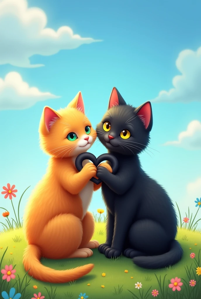 Two cats making a heart with their tails 
