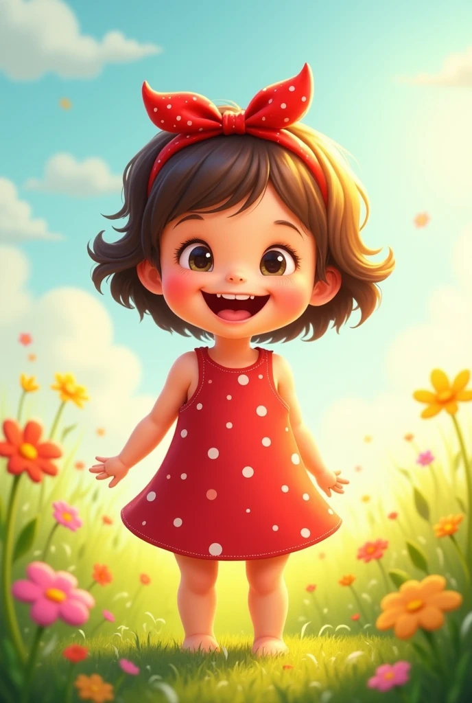 Baby woman smiling, with short brown hair, with red dress and red headband, animated cartoon