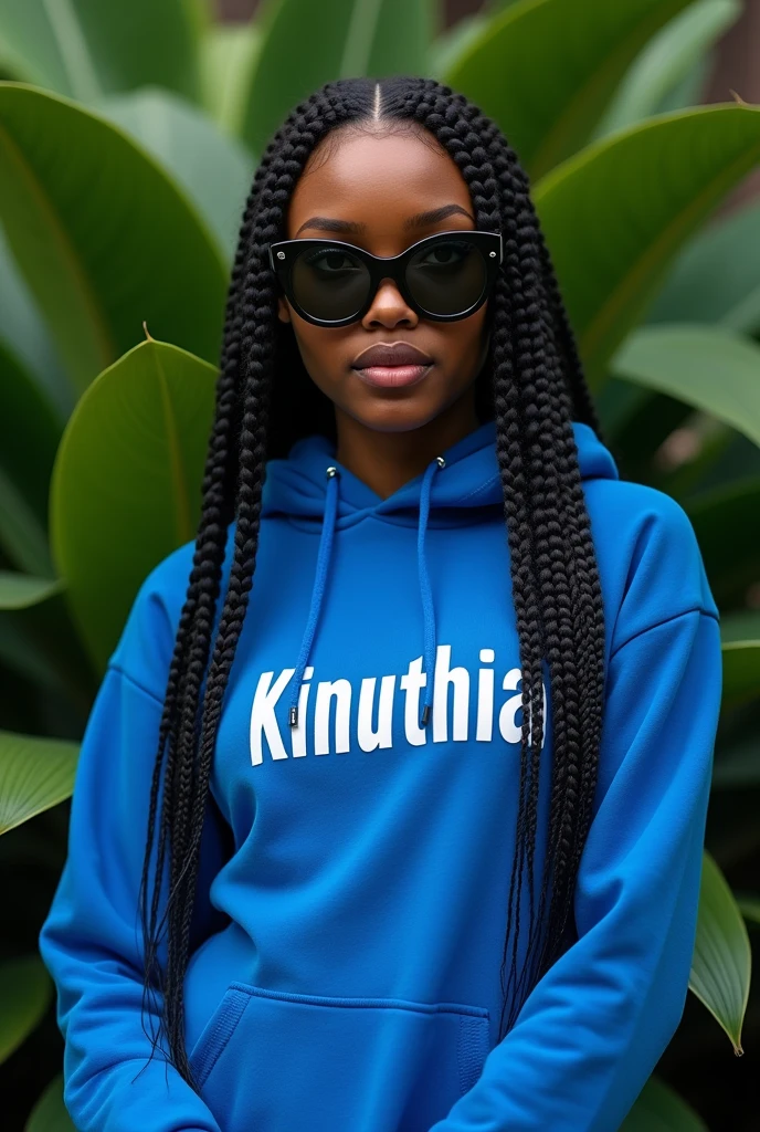 (photorealism:1.2), beautiful black African woman,22 years,sharp boobs, wearing a fitting blue hoodie written "Kinuthia",long braids, black oversized photo chromatic glasses, standing , plants in background Rihanna inspiration