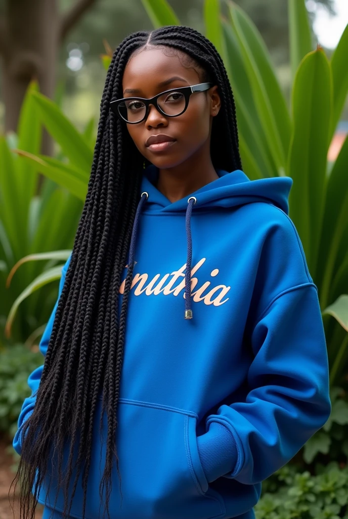 (photorealism:1.2), beautiful black African woman,22 years,sharp boobs, wearing a fitting blue hoodie written "Kinuthia",long braids, black oversized photo chromatic glasses, standing , plants in background Rihanna inspiration