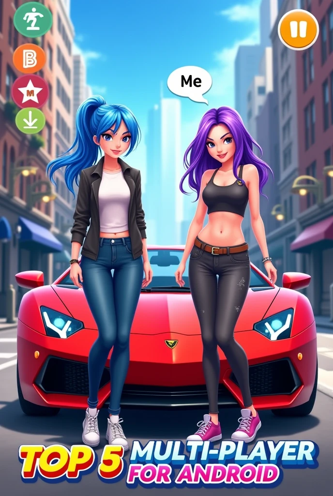 Create an image of a multiplayer game for Android with a top-down view of two female characters standing in front of a red sports car on a city street. One character is labeled 'Me' and the other 'Friend,' with an arrow pointing from 'Me' to the 'Friend'. The cityscape in the background includes a clear sky and tall buildings. The interface shows typical game controls like movement, chat, and action buttons. The text overlay highlights 'TOP 5 MULTI-PLAYER FOR ANDROID' with bold and colorful fonts."