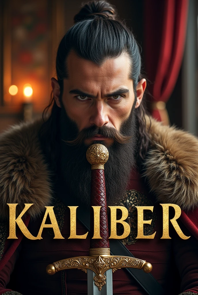 King face closeup with beard and sword and word KALIBER underneath