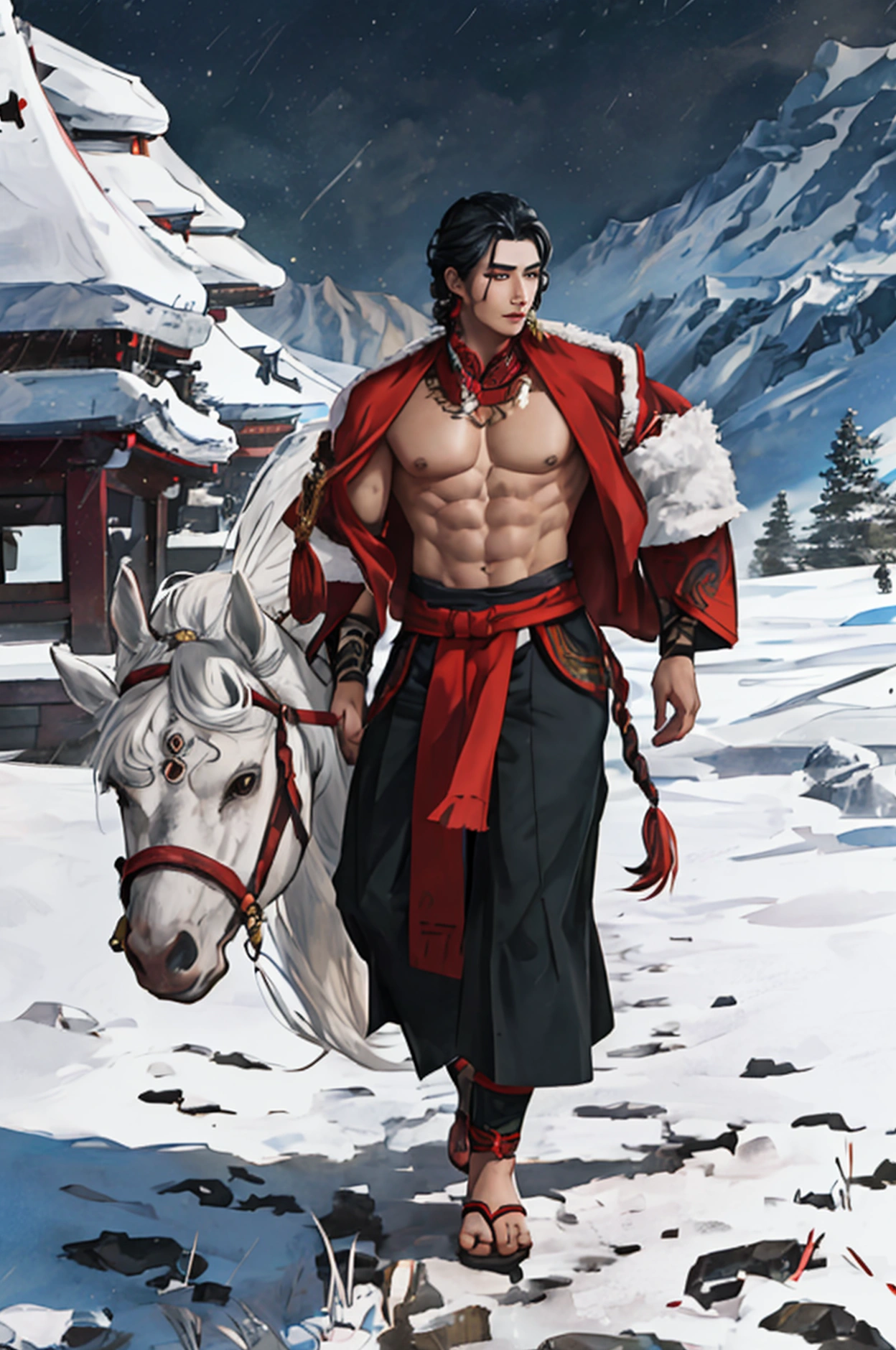 a realistic boy in native Tibetan clothing, short curly hair, very handsome full body wusia, male warrior, hansome japnaese demon boy, akira from chinese mythology, powerful body, shirtless warrior,holding a bow, walking with a horse through a snowy storm, highly detailed, 8k, photorealistic, detailed face, beautiful eyes, long eyelashes, detailed lips, detailed clothing, snowy landscape, blowing snow, cold atmosphere, warm lighting, dramatic sky