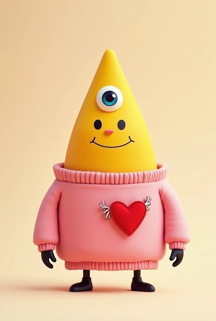 A front picture of Bill Cipher, is a yellow flat triangle with one single eye in the middle, wearing a cute pink fancy sweater with a red heart patch with wings on it. Bill Cipher has short tiny black hands and tiny cartoon style black feets and legs.