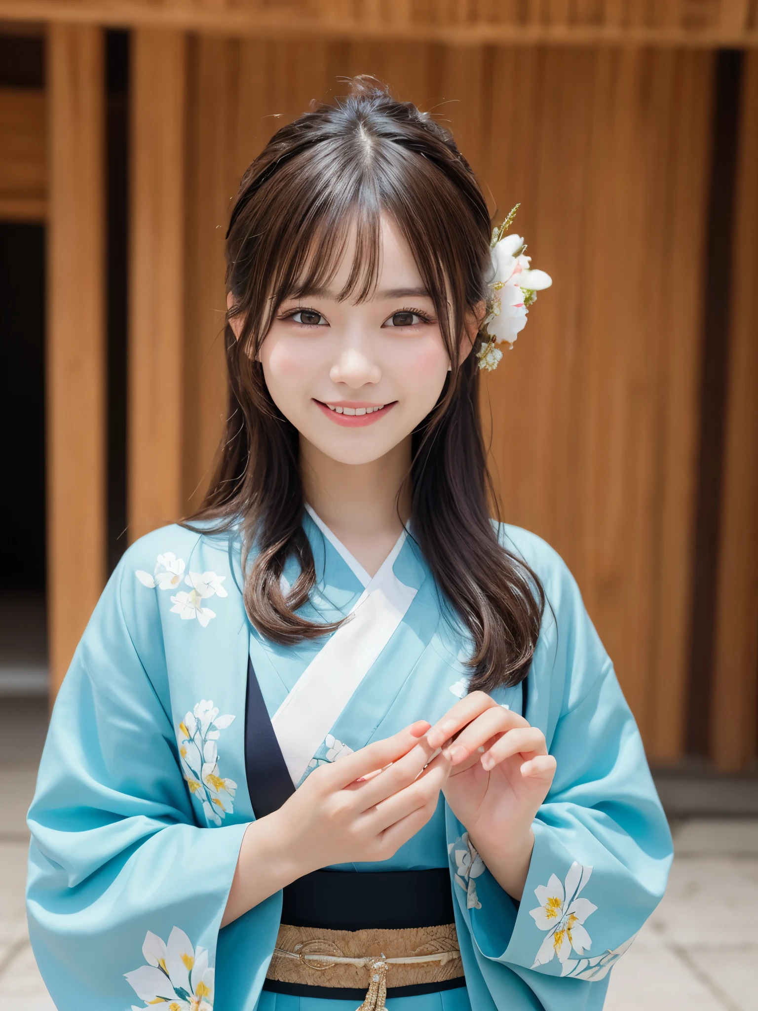 1girl, solo, highres, best_quality, masterpiece, detailed_background, intricate_details, beautiful, okinawa, shurijo_castle, historical, traditional_clothes, kimono, summer_clothes, smile, looking_at_viewer, dynamic_pose, natural_pose, candid, happy