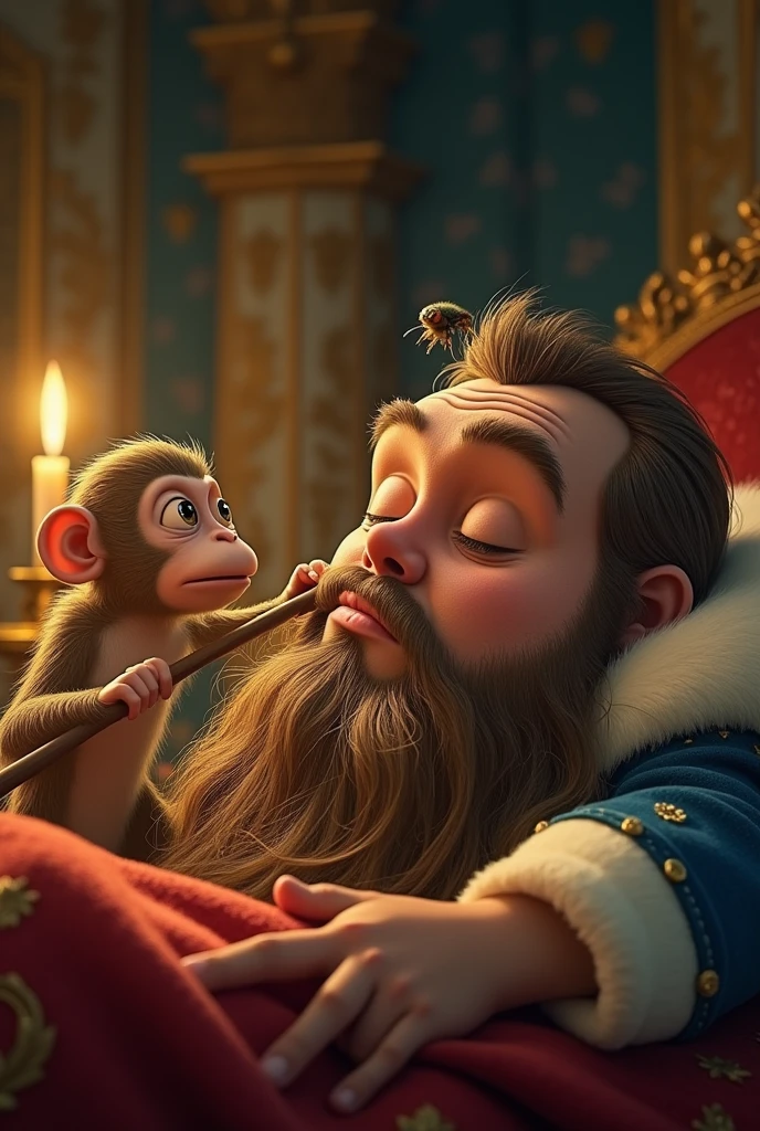 Persistent Fly on the King’s Nose: A close-up of the king’s face as he sleeps, with a fly sitting on his nose. The monkey, holding a small wooden stick, looks frustrated and ready to act, emphasizing the moment before the trouble begins.
