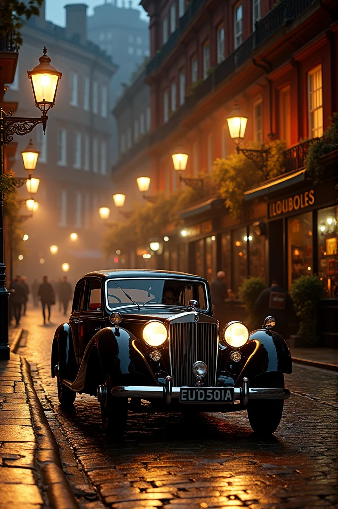 Vintage car on the streets of London at night 