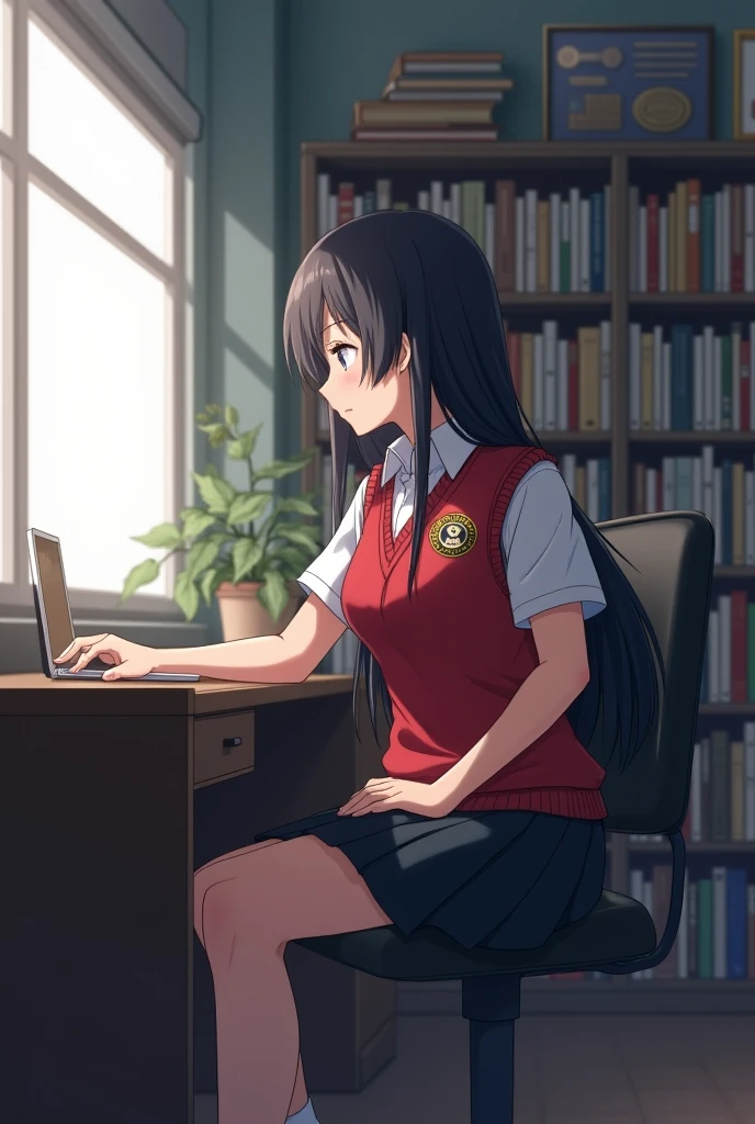 An anime girl, student council president, WBS logo in uniform, short sleeve, black skirt, red vest, cold expression, beautiful, no bangs, super long black hair, sitting in an office, books in desk, matured face, cool, serious, sad