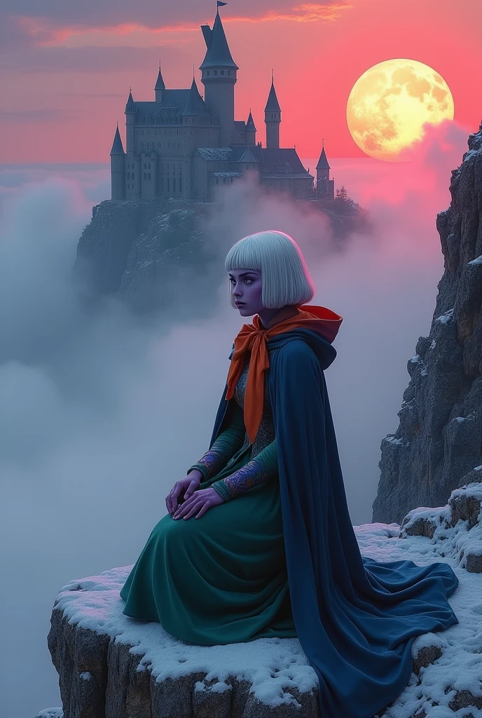 (Ultra-detailed face, looking away, Fantasy Illustration with Gothic, Ukiyo-e, Comic Art, Rich colors), 
BREAK 
(This is a steep, rocky mountain at 5,000 meters above sea level. The visibility is poor due to thick fog. The view of white fog is spreading.), 
BREAK 
(DarkElves: A young-aged dark elf woman with silver color hair, blunt bangs, bob cut and dark purple color skin, lavender color eyes), 
BREAK 
(A female dark elf vampire hunter wears a crimson veil, a blue ruby cloak, a traditional deep green Victorian tight dress with a large orange ribbon, and brown boots.), 
BREAK 
(A female dark elf vampire hunter is kneeling on a frosty rock, with Dracula's Castle, perched on a steep rocky hill, in front of her. A deep fog surrounds her, and the sunlight from behind her seems to cloak her in an aura of rainbows. Brocken phenomenon. parabolic effect.), (The area is dimly lit as a deep red mist, tinted by the red setting sun, spreads out like smoke.)
