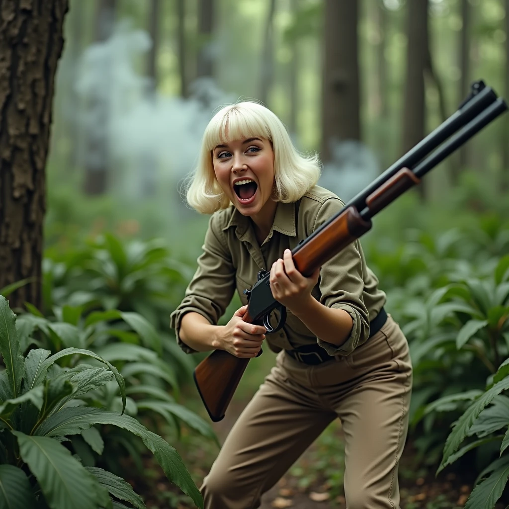 We also see his face , Big butt , We see her from behind, A hilarious cinematic scene from the 1940s features a young actress, resembling Doris Day, dressed as a poacher in the heart of the jungle. She is bent over, wearing long pants and a hunter's shirt, holding a rifle, and has a big hole in her pants with charred marks and smoke emanating from her rear. With her platinum blonde hair short and sleek, she appears to be around 30 years old. In a moment of slapstick comedy, she screams in pain, eyes and mouth wide open, revealing the massive hole in her pants from a shotgun accident. The scene is captured in stunning 4K high definition, with the jungle as a backdrop and a comedic tone throughout.,
