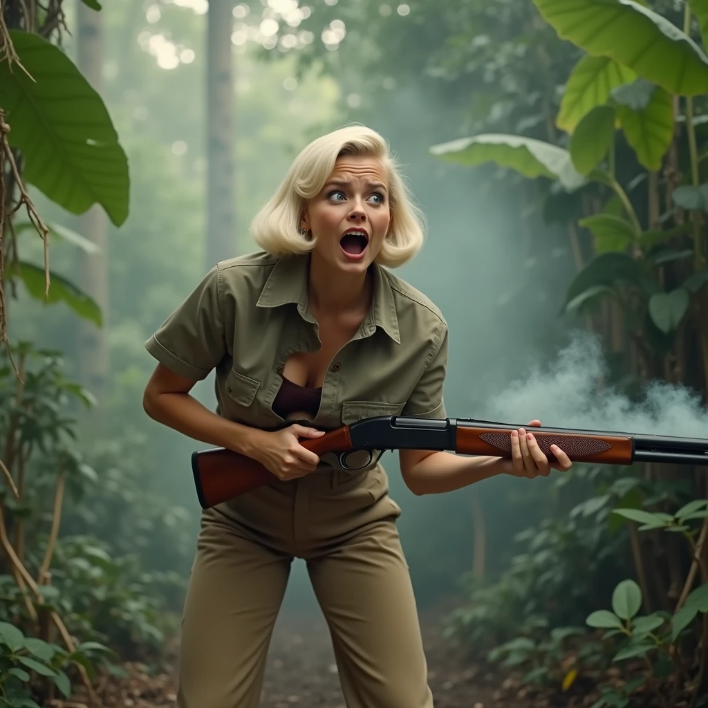 We also see his face , Big butt , We see her from behind, A hilarious cinematic scene from the 1940s features a young actress, resembling Doris Day, dressed as a poacher in the heart of the jungle. She is bent over, wearing long pants and a hunter's shirt, holding a rifle, and has a big hole in her pants with charred marks and smoke emanating from her rear. With her platinum blonde hair short and sleek, she appears to be around 30 years old. In a moment of slapstick comedy, she screams in pain, eyes and mouth wide open, revealing the massive hole in her pants from a shotgun accident. The scene is captured in stunning 4K high definition, with the jungle as a backdrop and a comedic tone throughout.,