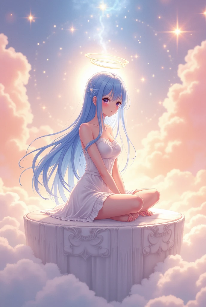 a anime girl with blue hair and a halo and perfect white chlotes from the heeavens and she is sitting in a perfect chlothes cross legged on a chair and she is wearing a white skirt from the heavens