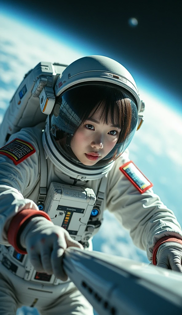 photo-realistic, ultra-realistic, very beautiful Japanese university student girl, famous Japanese idol, 25 years old, She wears a space suit that fully inflated with the high pressure air, repairing a space shuttle, cyber punk space shuttle, Extravehicular Activities, Magnificent view of Earth, dramatic scene, masterpiece, (face focus:1.3), beautiful eyes,